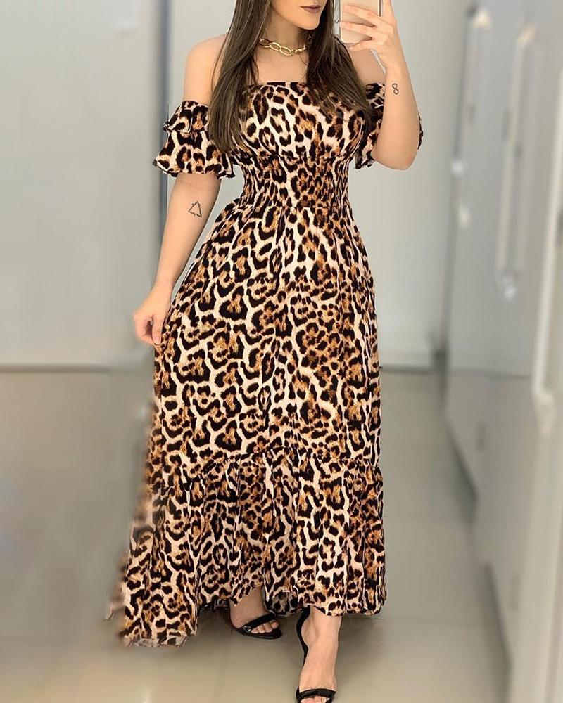 

Off Shoulder Cheetah Print Shirring Design Ruffles Maxi Dress, Leopard