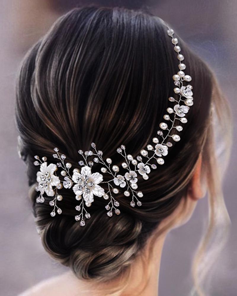 

1pc Floral Pearls Beaded Wedding Bridal Headwear, White