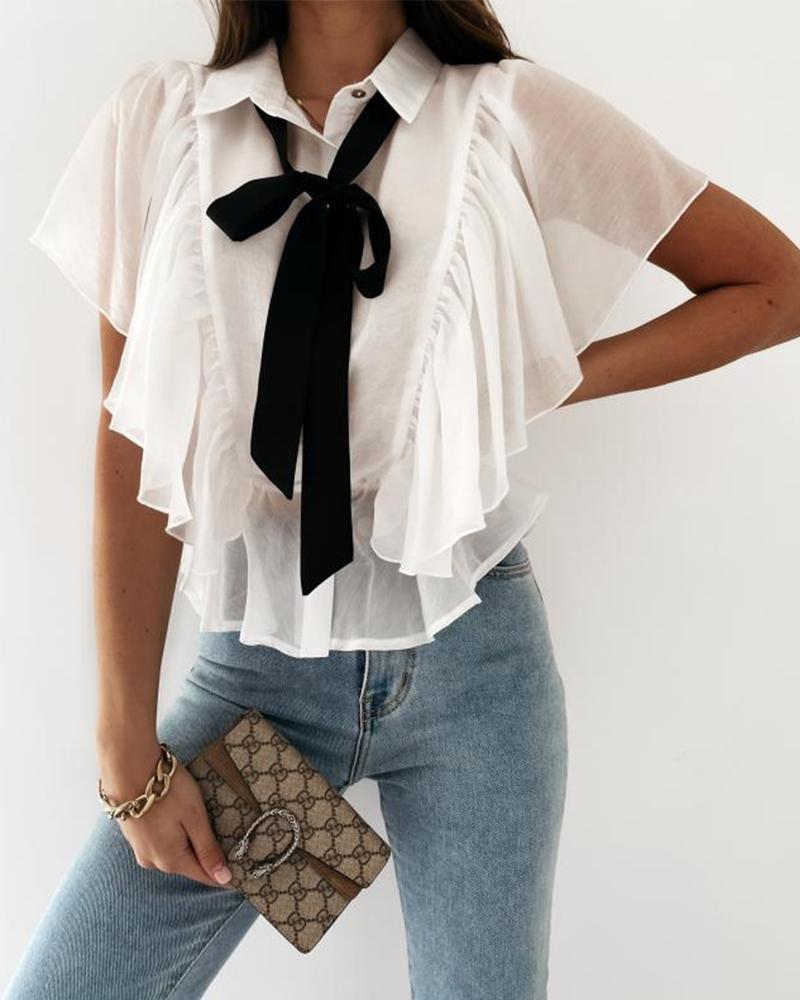 

Solid Color Tie Neck Ruffle Trim Blouse, White