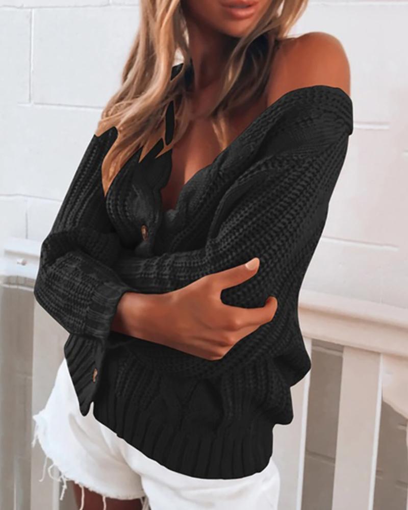 

Long Sleeve Button Design Braided Knit Cardigan, Black