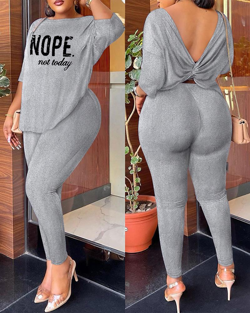 

Nope Not Today Print Twisted Backless Top & Pants Set, Gray