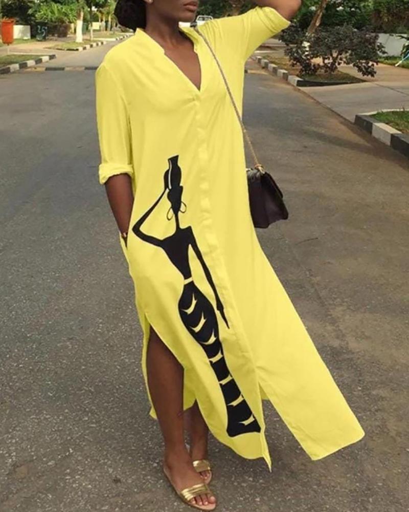 

Graphic Print High Slit Long Sleeve Shirt Dress, Yellow