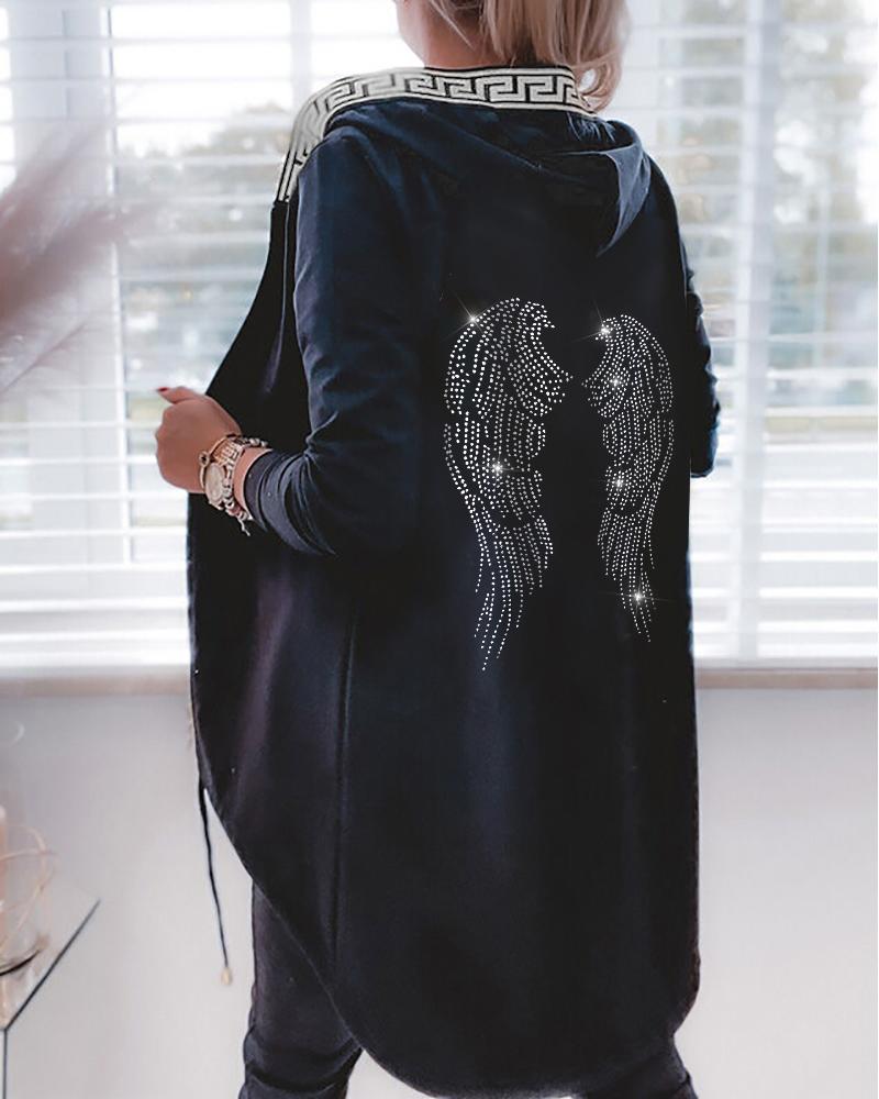 

Rhinestone Wings Pattern Geo Trim Zip Up Hooded Coat, Black