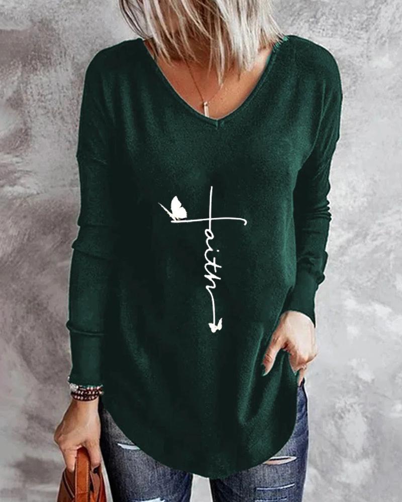 

Letter Butterfly Print Long Sleeve Top, Green