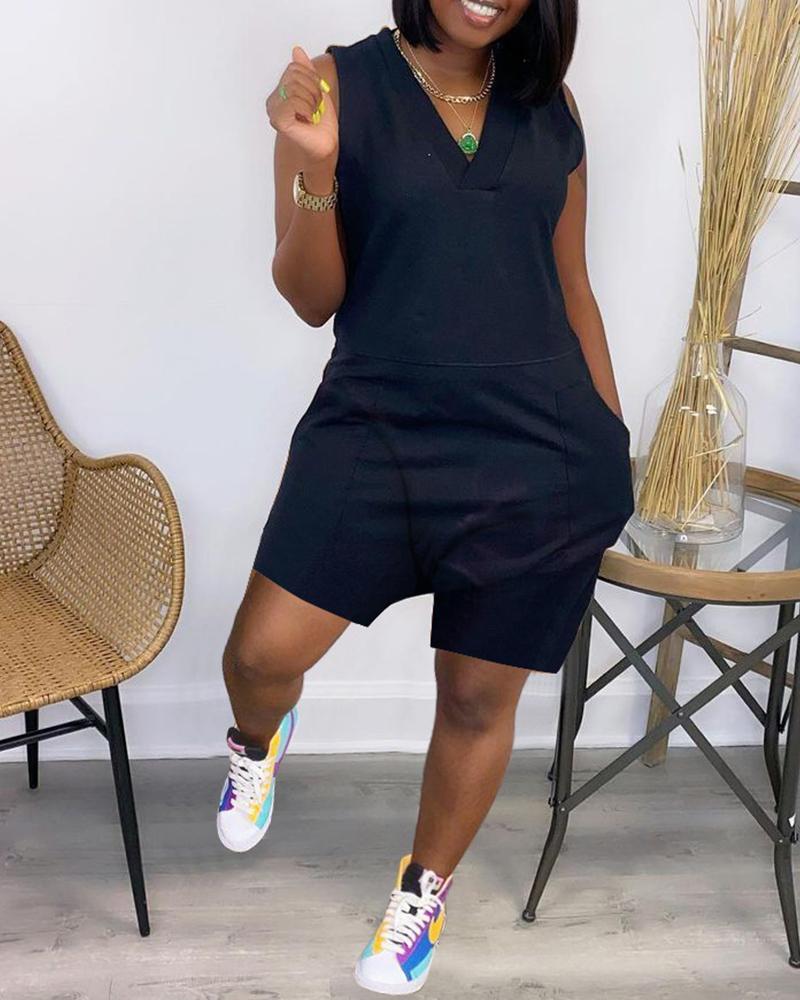 

Pocket Design V-Neck Sleeveless Romper, Black
