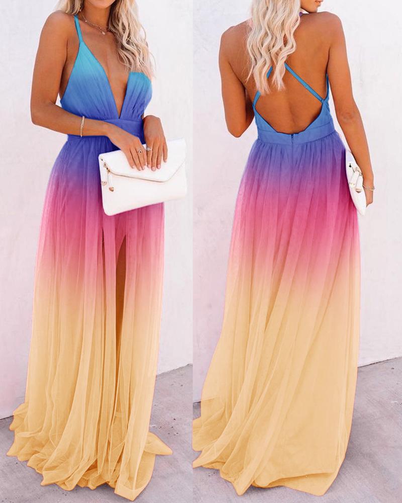 

Ombre Crisscross Backless Ruched Maxi Dress, Multicolor