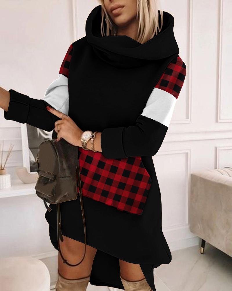 

Contrast Plaid Colorblock Long Sleeve Sweatshirt Dress, Black