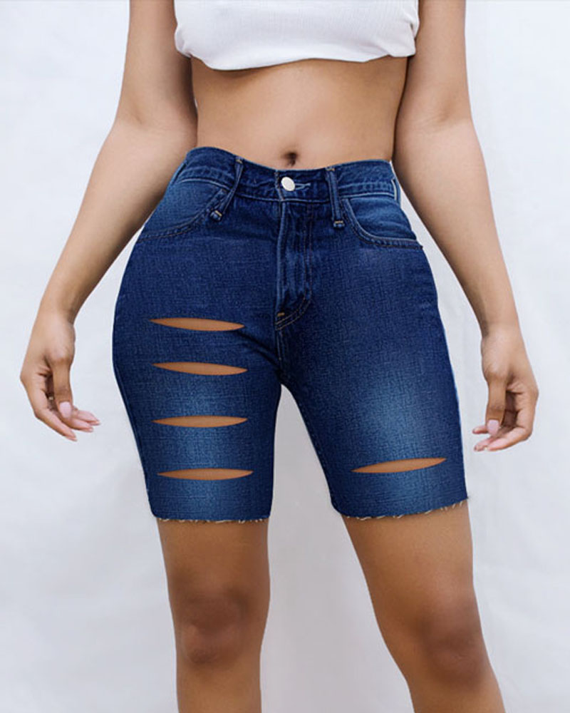 

Zipper Fly Cutout Denim Shorts, Purplish blue
