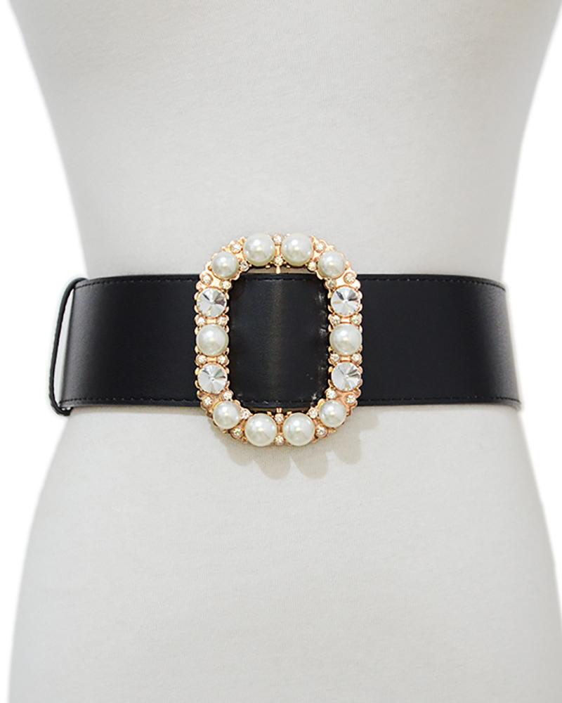 

1PCS Square Beaded Rhinestone Decor PU Leather Belt, Black