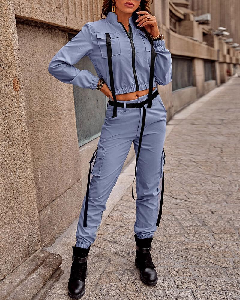 

Long Sleeve Zipper Coat & Pocket Design Pants Set With Belt, Gray