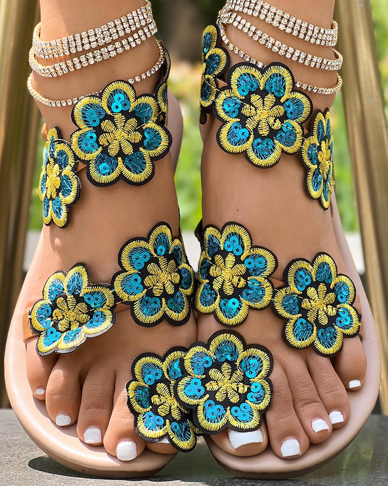 

Sandales de plage à motif floral et anneau d'orteil, Blue