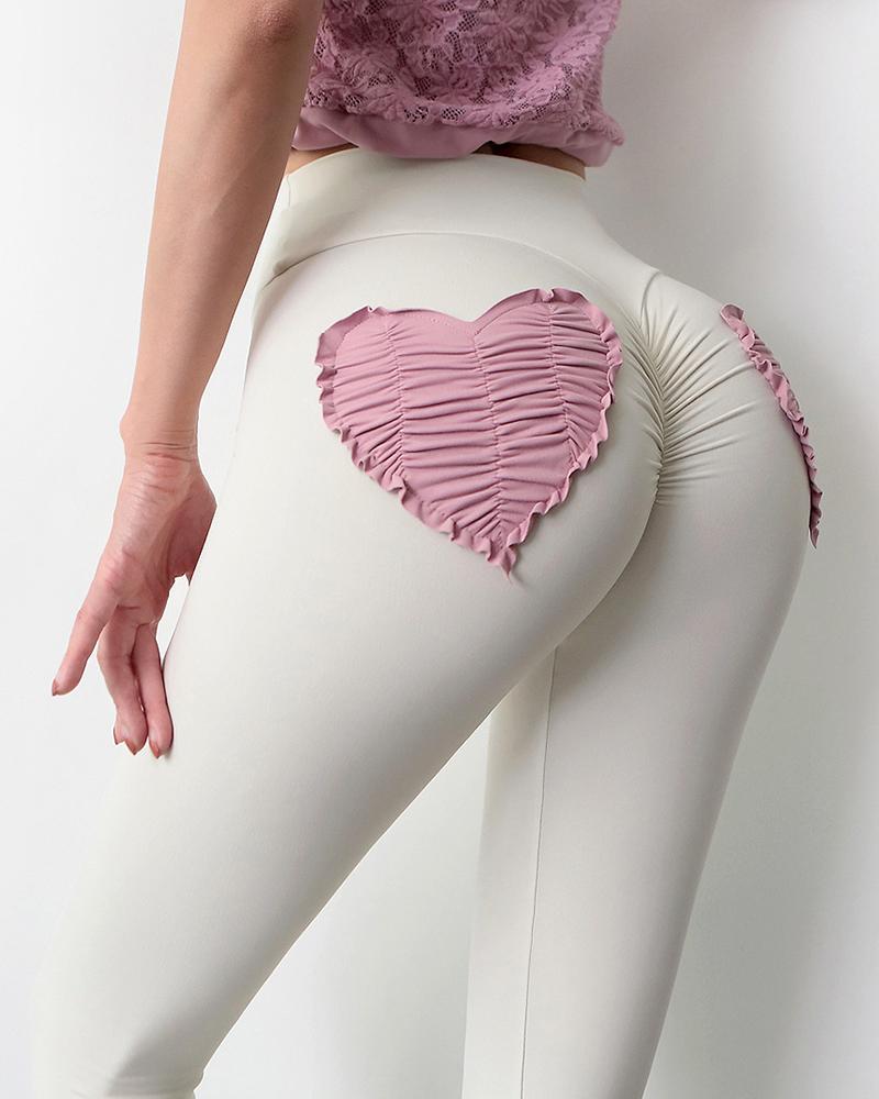 

High Waist Heart Pattern Ruched Active Pants, Pink