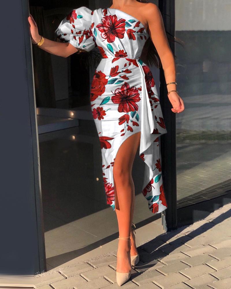 

Puff Sleeve Ruched Floral Print Slit Ruffles Dress, Red