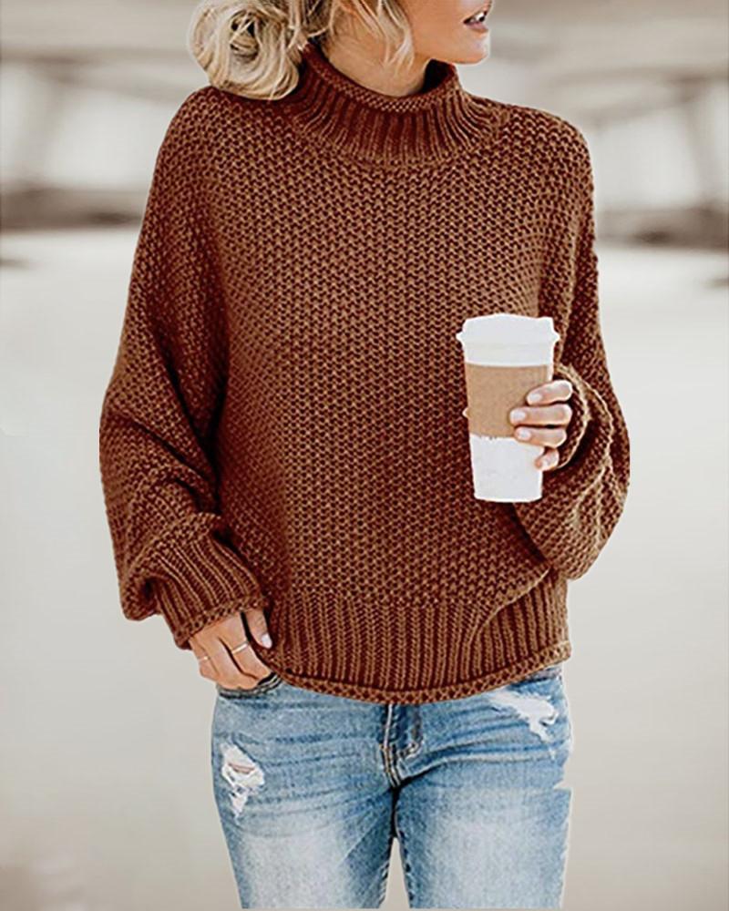 

High Neck Batwing Lantern Sleeve Knit Sweater, Brown