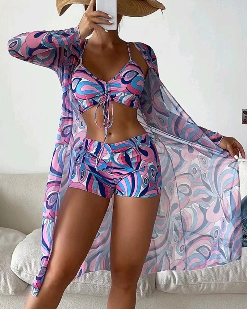 

3PCS Abstract Print Drawstring Bikini Set With Cover Up, Purple