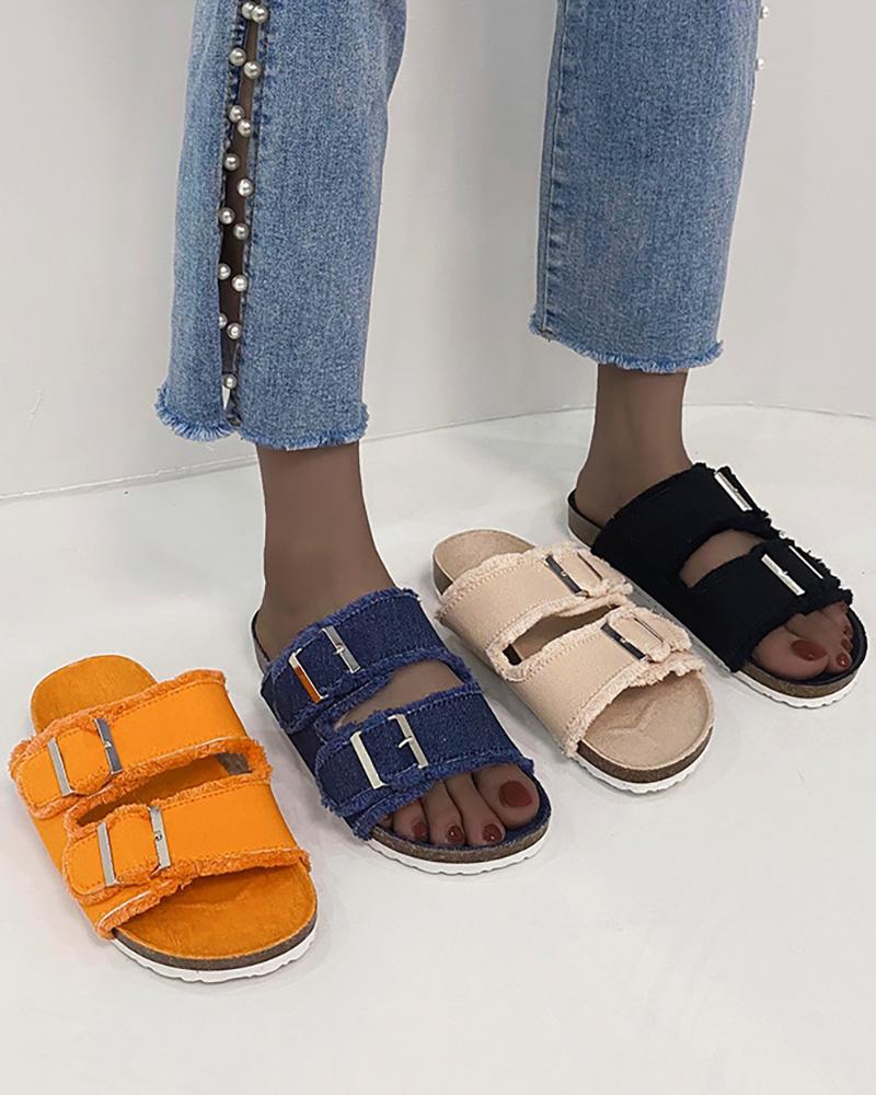 

Raw Hem Buckled Cutout Denim Slippers, Blue