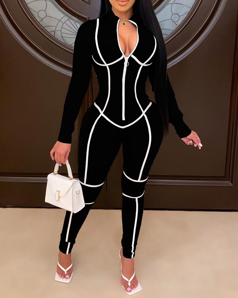 

Colorblock Zipper Design Long Sleeve Jumpsuit, Black