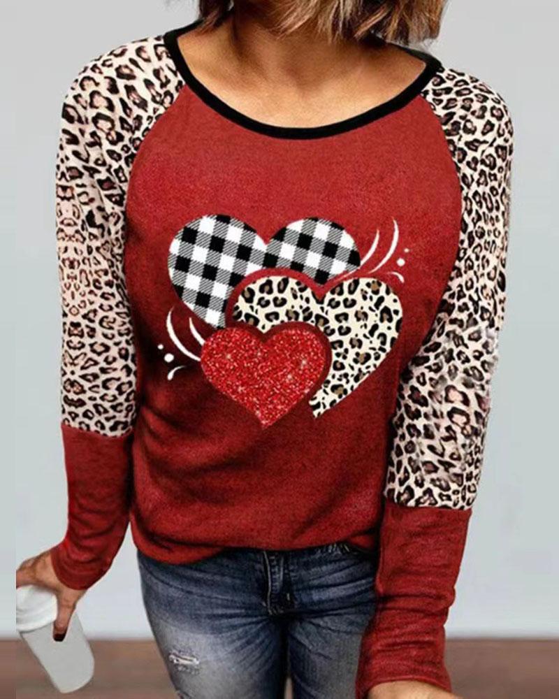 

Valentine' Day Heart Leopard Print Long Sleeve Top, Red