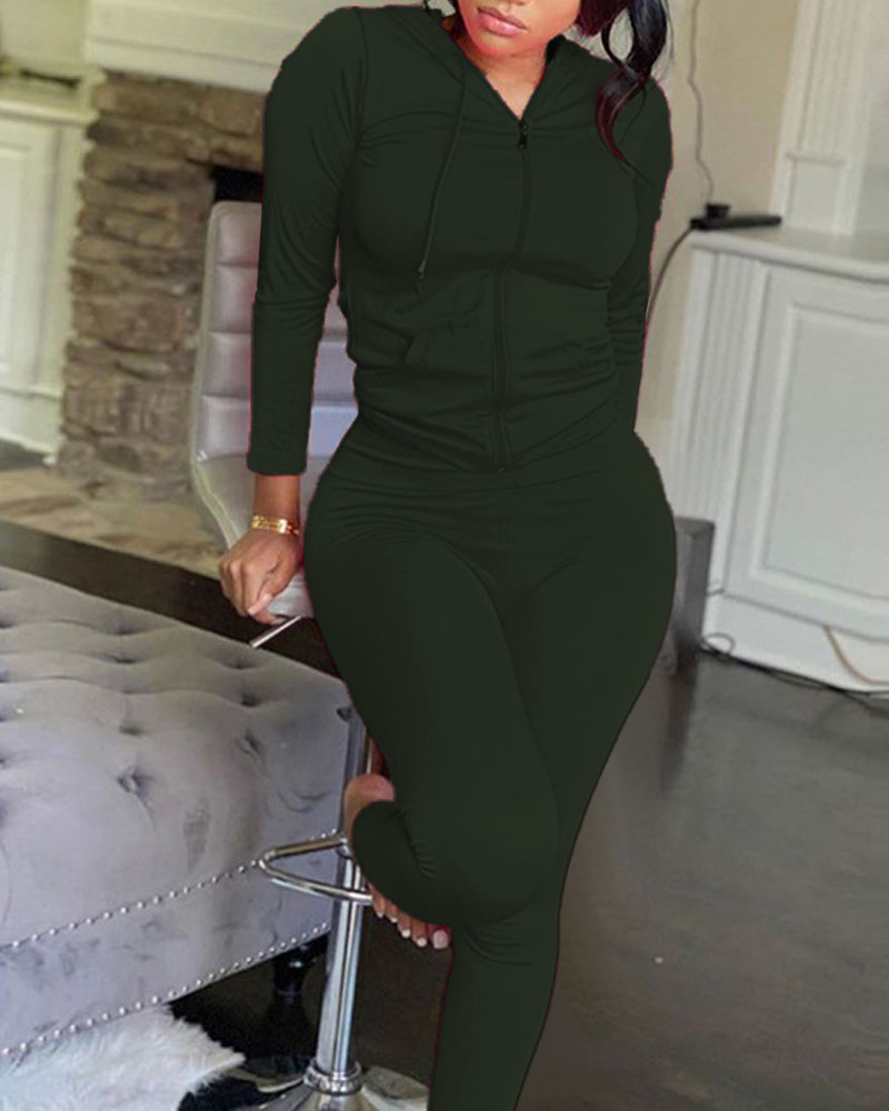 

Long Sleeve Zip Up Drawstring Hooded Top & Pants Set, Green