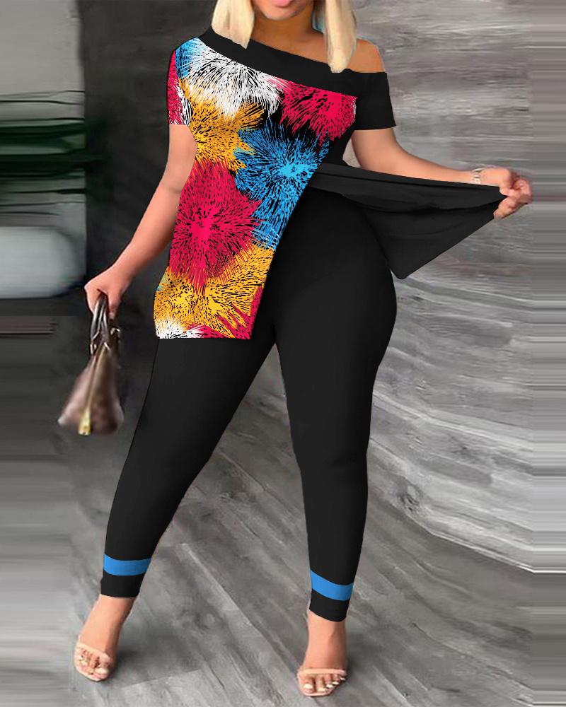 

Plus Size Graphic Print Split Hem Top & Pants Set, Black