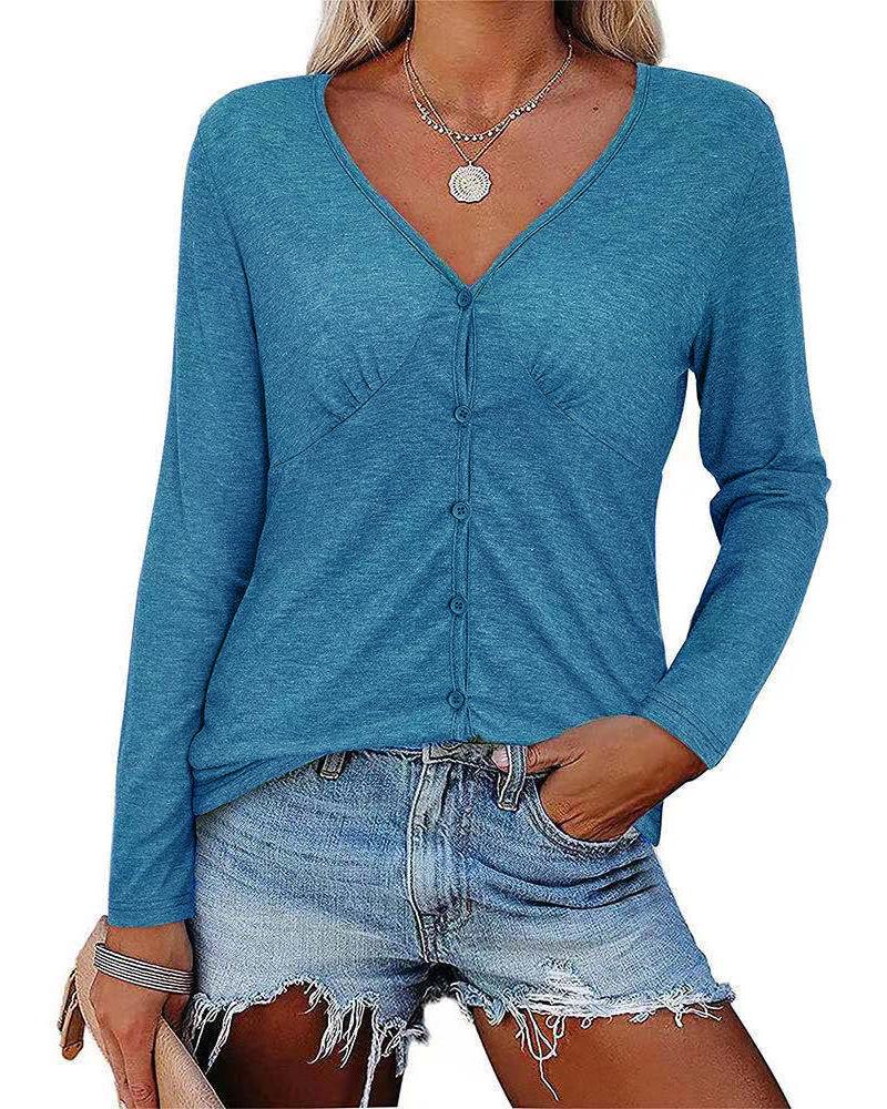 

Button Front Long Sleeve V-Neck Top, Blue