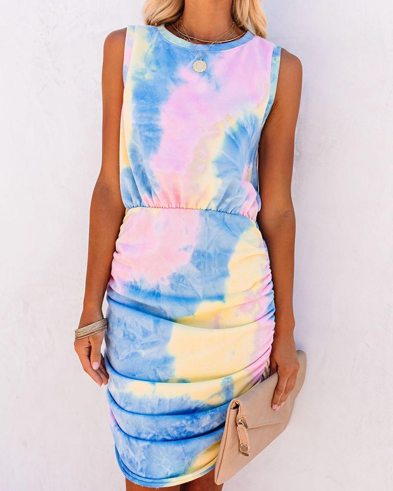 

Tie Dye Print Sleeveless Ruched Bodycon Dress, Pink