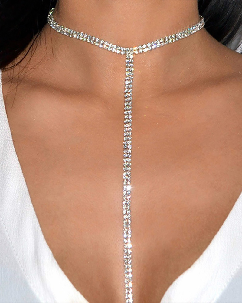 

1pc Halter Rhinestone Decor Necklace, Silver