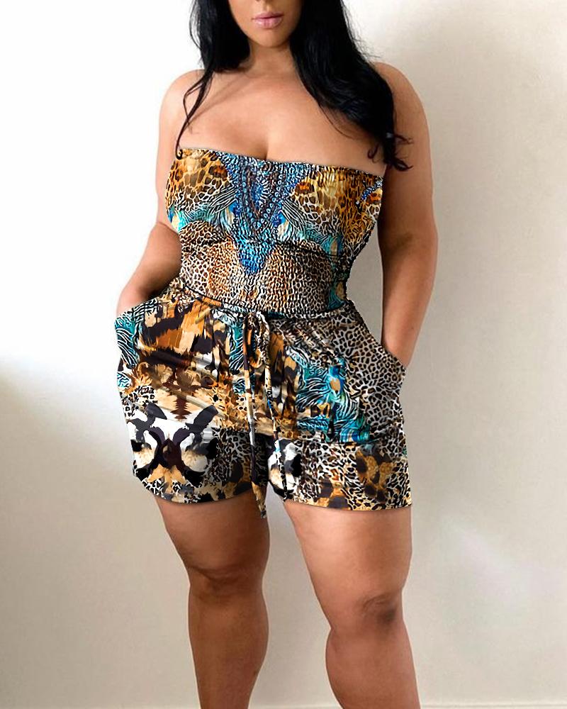 

Cheetah Print Colorblock Bandeau Pockets Romper, Leopard
