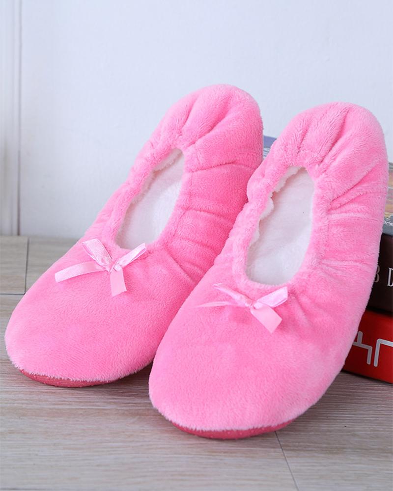 

Bowknot Decor Fuzzy Lined Dance Slip-on Shoes, Pink