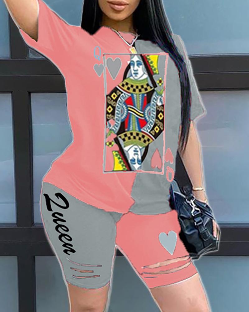 

Poker Print Colorblock Top & Shorts Set, Pink
