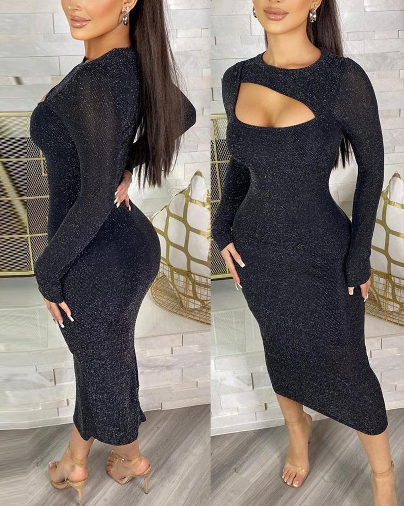 

Cutout Front Long Sleeve Glitter Bodycon Dress, Black