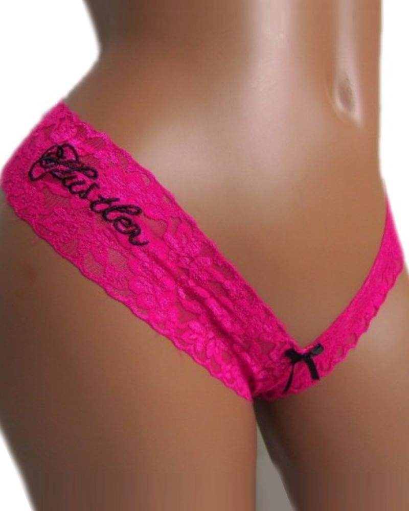 

Letter Embroidery Crochet Lace Panty, Hot pink