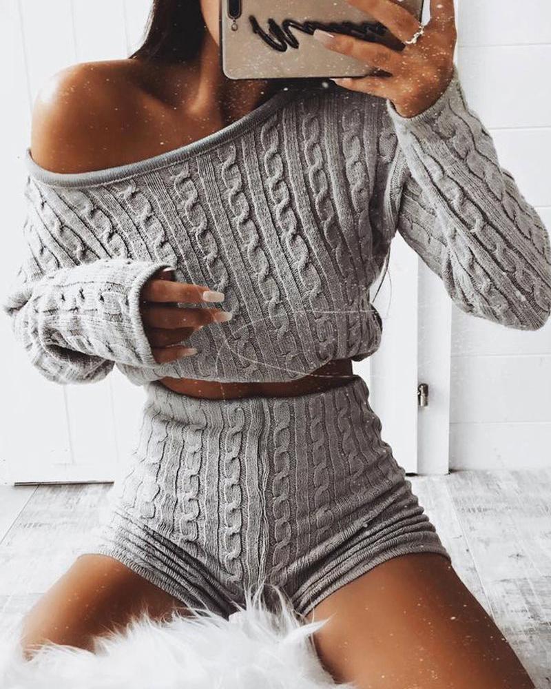 

Braided Knit Casual Sweater & Skinny Shorts Set, Gray