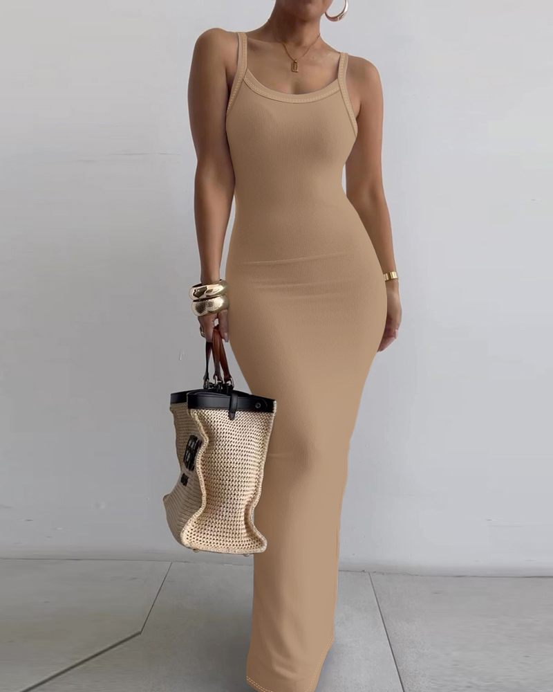 

Spaghetti Strap U-Neck Casual Maxi Dresses Slim Fit Cami Dress Party Club Bodycon Dress, Light brown
