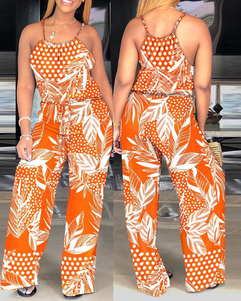 

Polka Dot Leaf Print Spaghetti Strap Drawstring Jumpsuit, Orange