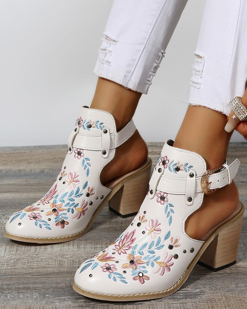 

Floral Embroidery Studded Slingback Buckled Boots, Beige