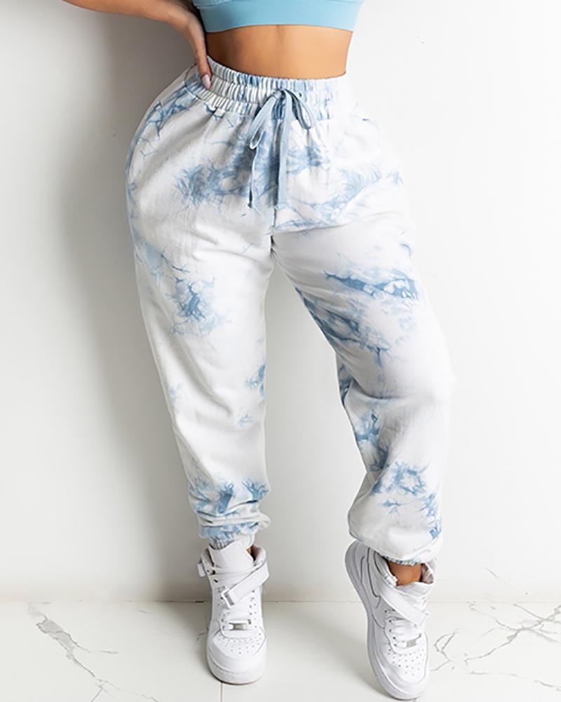 

Colorblock Shirred Drawstring Pocket Design Pants, Blue