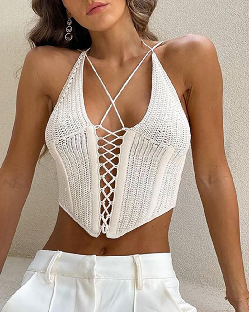 

Lace Up Cutout Sleeveless Crop Top, White