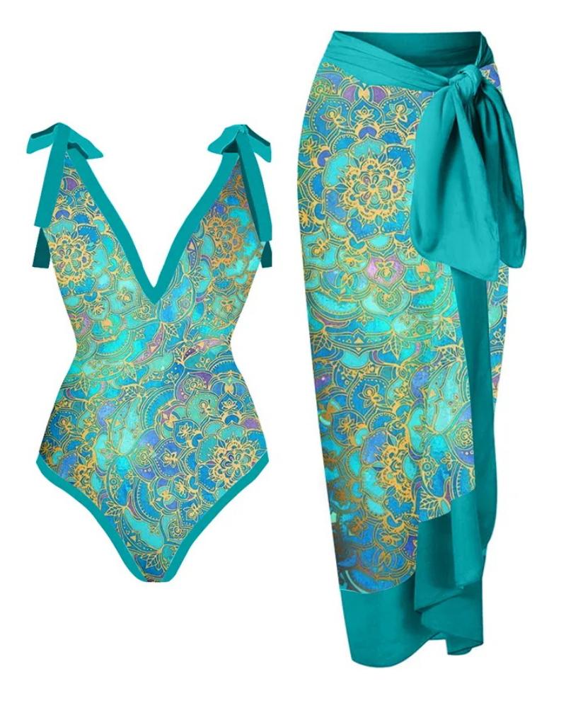 

Vintage Tribal Print Plunge One Piece Swimsuit With Cover Up, Green