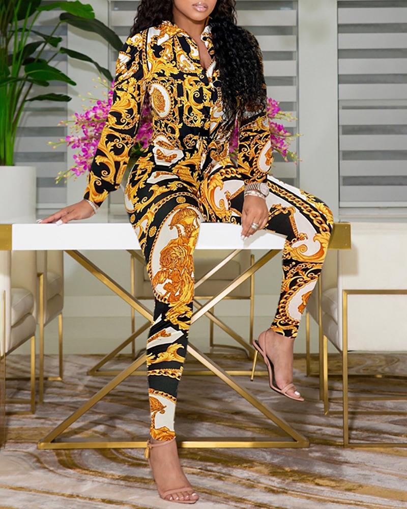 

Baroque Chain Print Buttoned Long Sleeve Top & Pants Set, Yellow