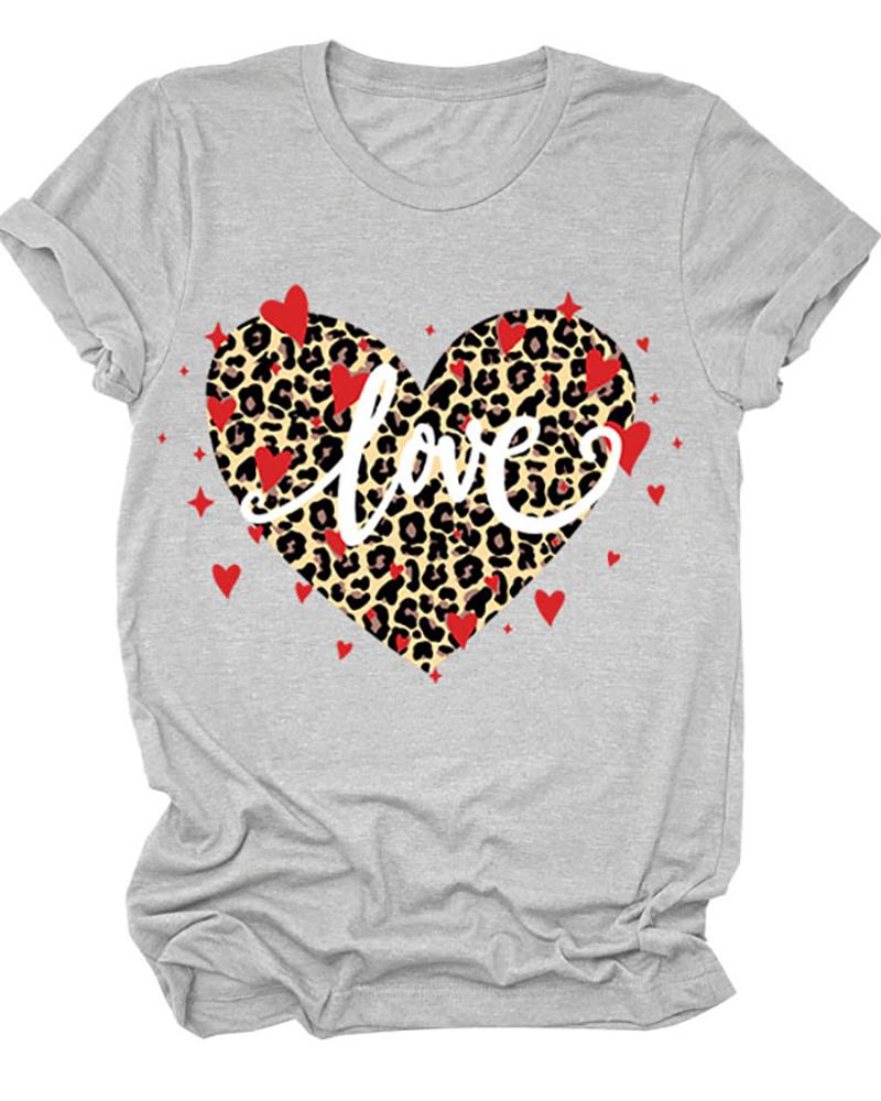 

Valentine' Day Heart Letter Cheetah Print O-Neck T-shirt, Gray