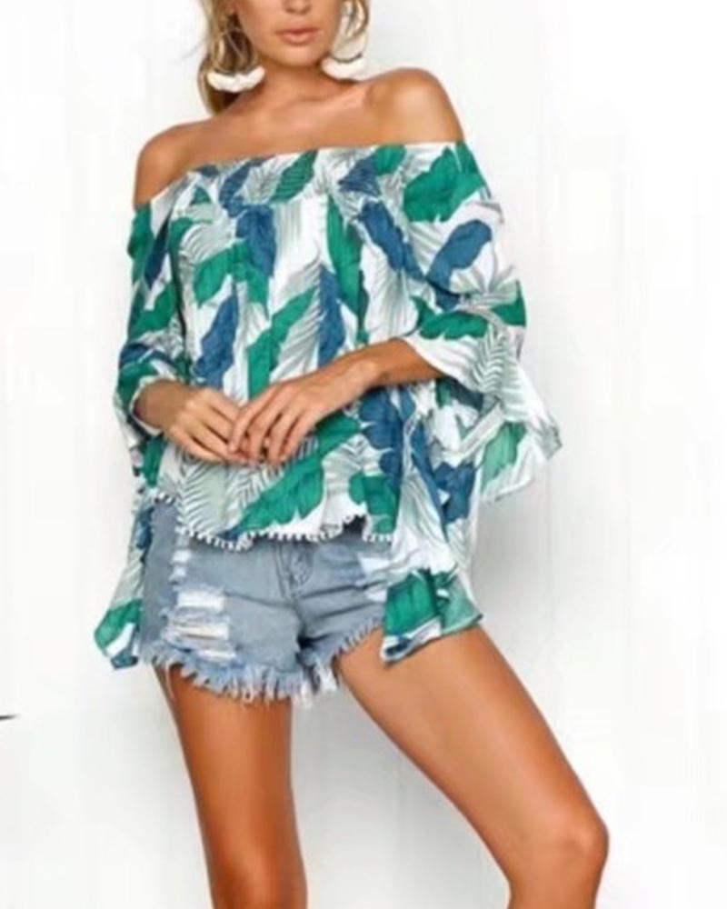 

Off Shoulder Vegetal Print Top, Green