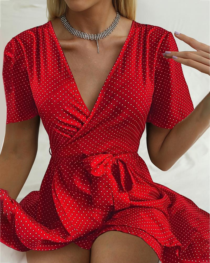 

Dot Print Tied Detail Wrap Dress, Red