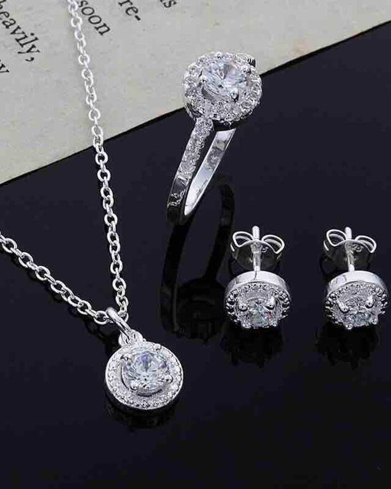 

4PCS Geometric Rhinestone Pendant Necklace & Stu Earrings & Ring Jewelry Set, Silver