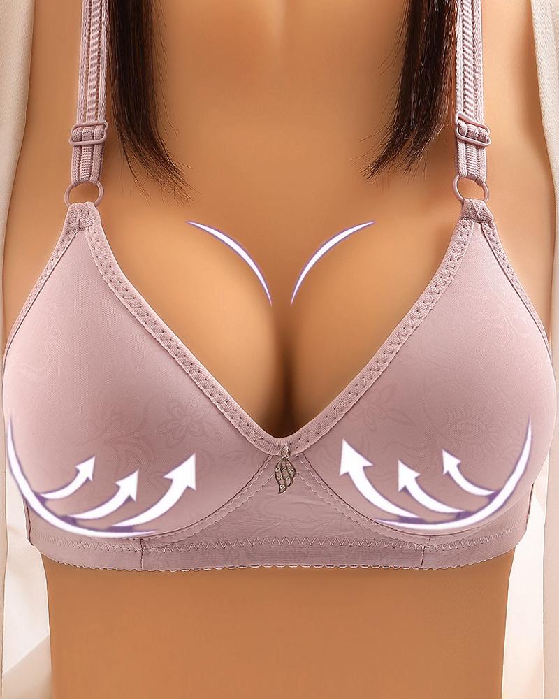 

Floral Print Buckled Leaf Pattern Wireless Lifting Bra, Gray