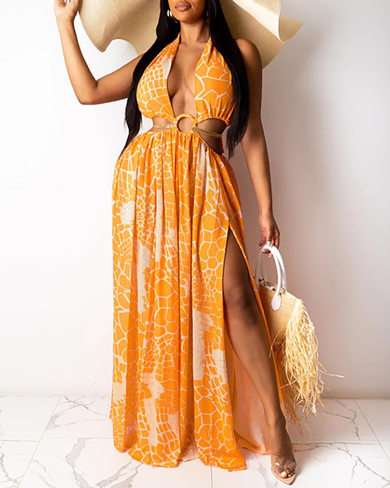 

Snakeskin Print O-Ring Cutout High Slit Maxi Dress, Orange