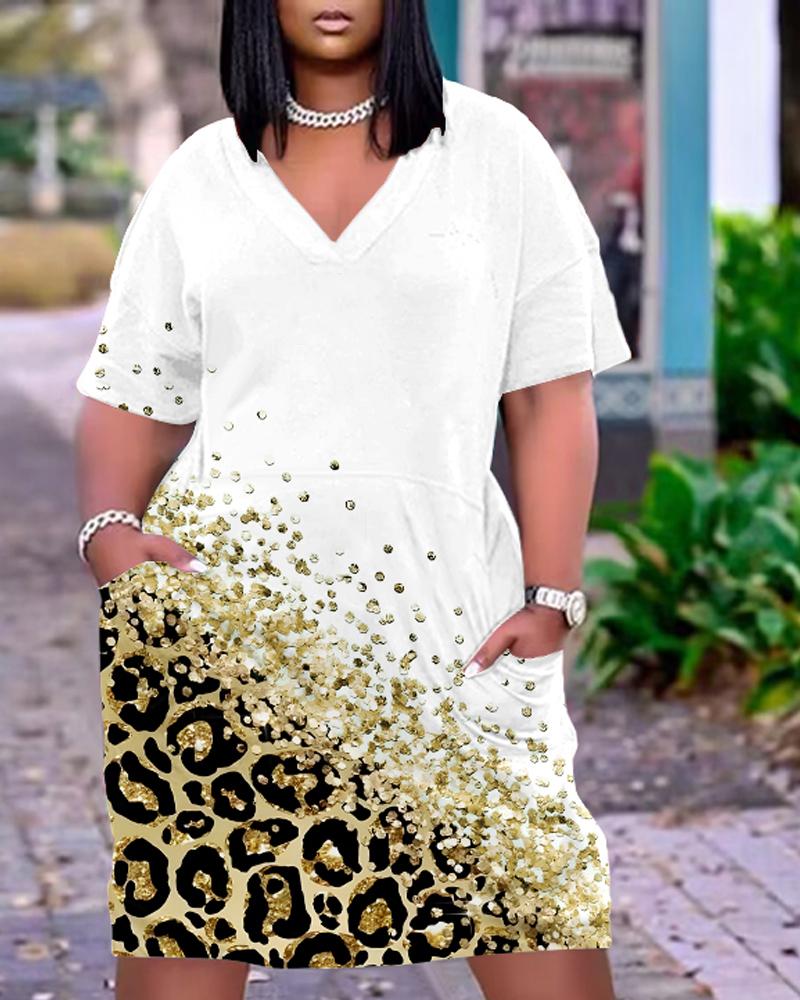 

Plus Size Contrast Leopard Print Pocket Design Casual Dress, White