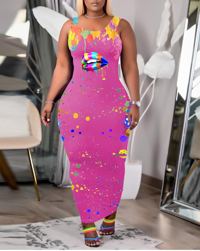 

Plus Size Ink Splash Lip Print Casual Tank Dress, Pink