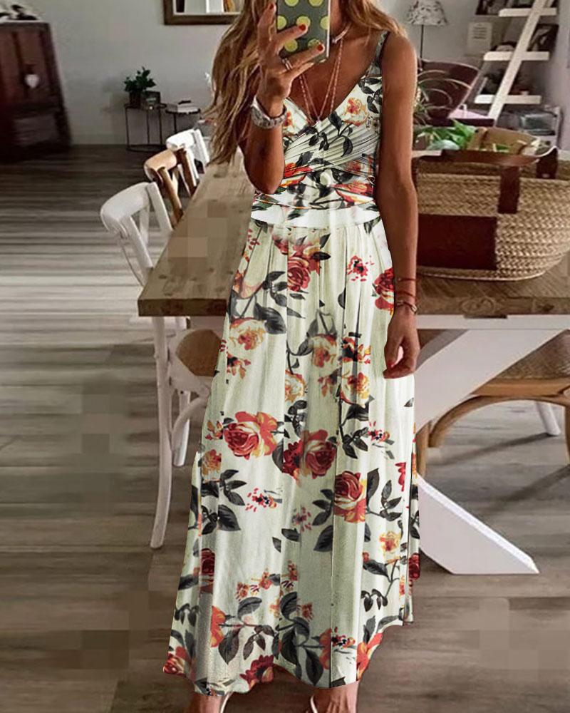 

Floral Print Spaghetti Strap Ruched Maxi Dress, White