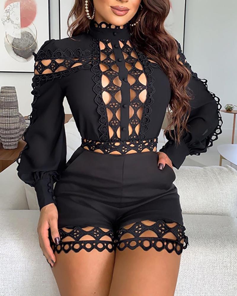 

Lace Patch Cutout Lantern Sleeve Romper, Black